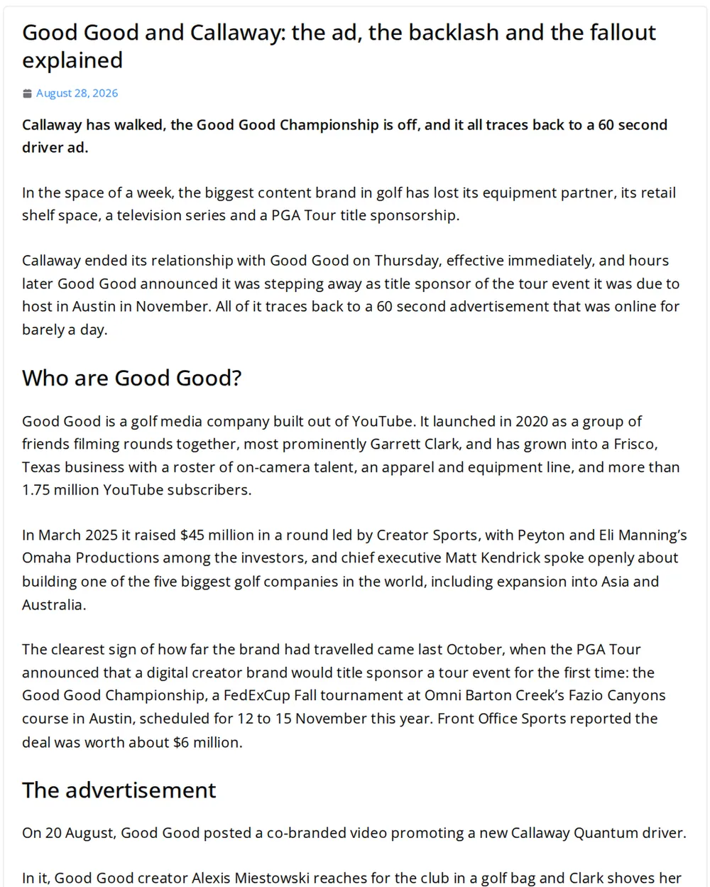 Screenshot of aussiegolfer.com.au: Callaway Ends Relationship with Good Good