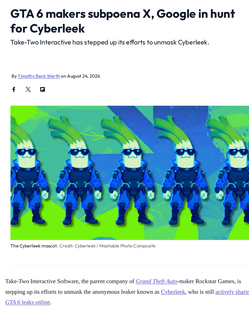 Screenshot of me.mashable.com: Take‑Two files subpoenas against Google and X Corp