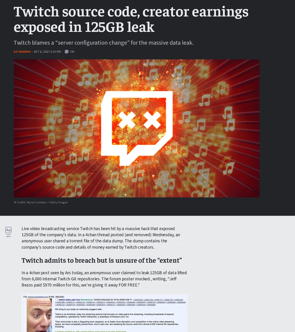 Screenshot of arstechnica.com: Twitch attributes breach to server configuration error