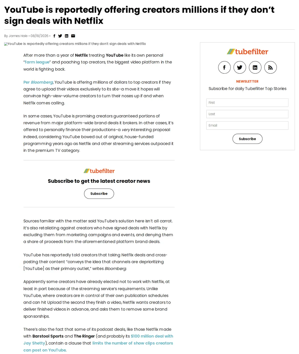 Screenshot of tubefilter.com: YouTube Offers Millions to Creators
