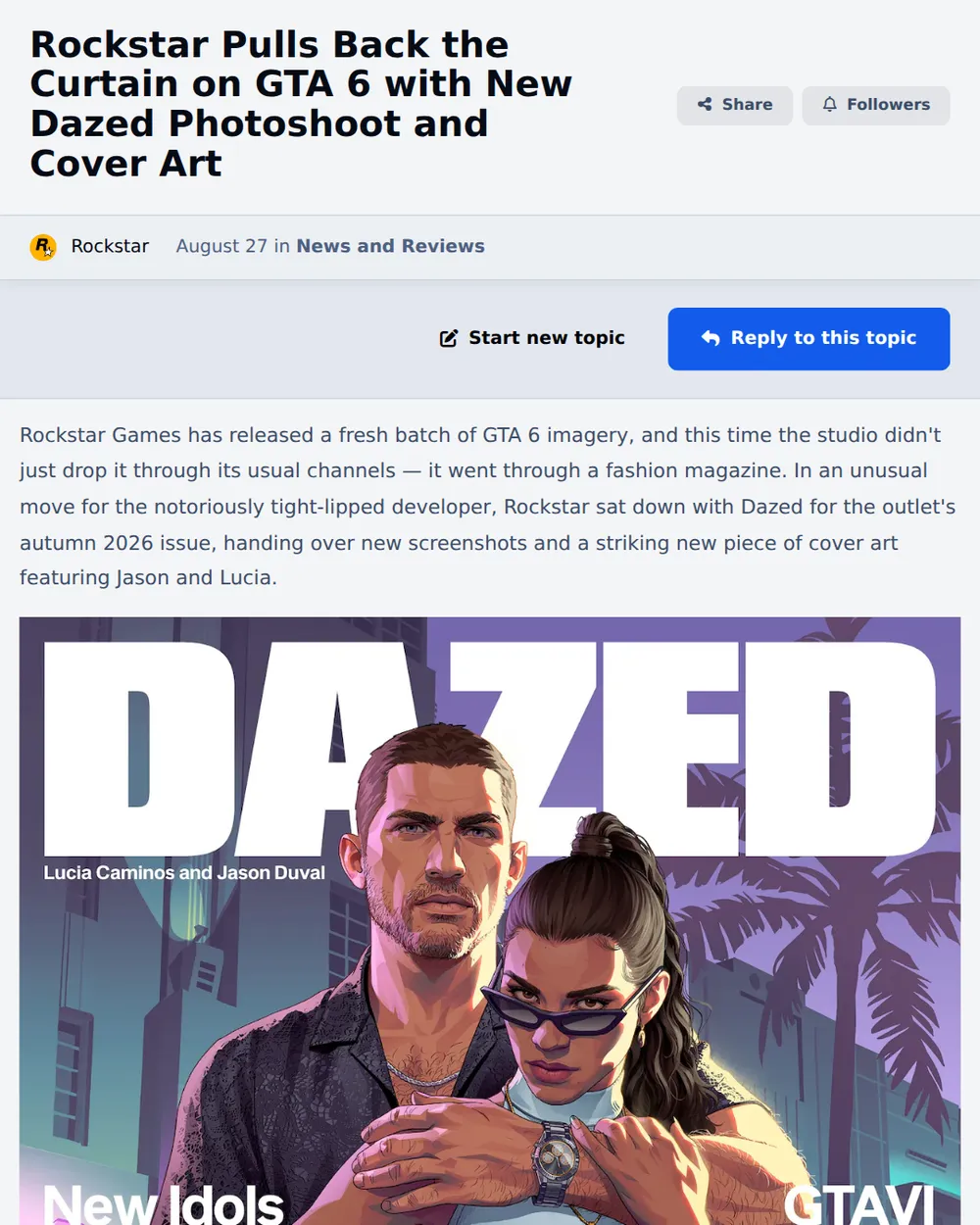 Screenshot of gtaforum.org: GTA Forum reported Rockstar shares new GTA 6 imagery via Dazed fashion shoot