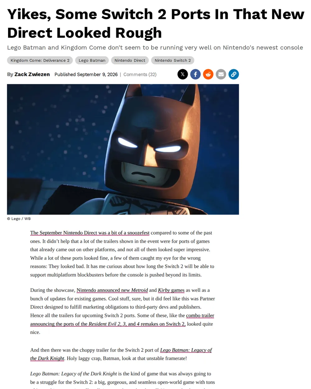 Screenshot of kotaku.com: Kingdom Come: Deliverance 2 Port Criticized for Stuttering