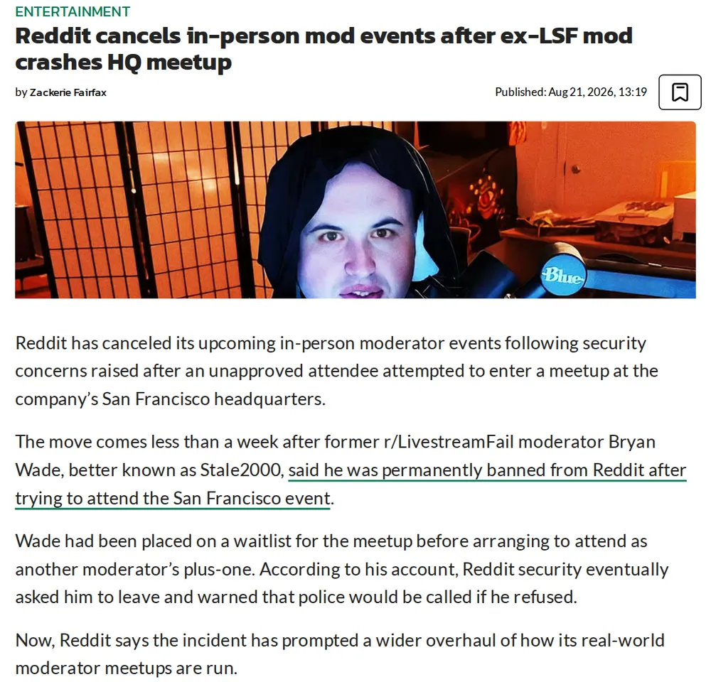 Screenshot of dexerto.com: Reddit announced cancellation of all in-person Mod Events