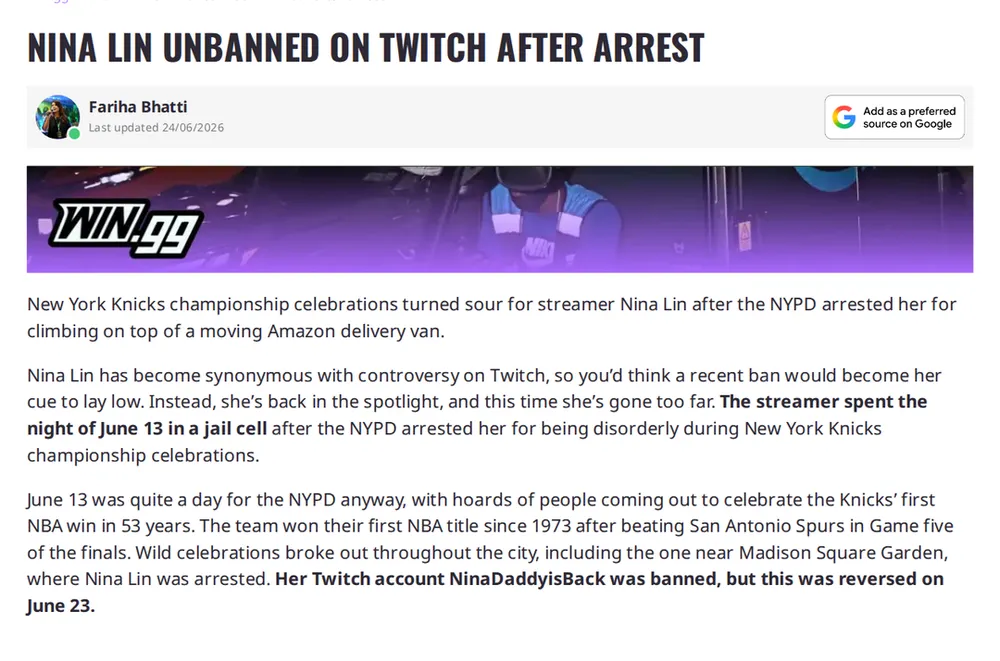 Screenshot of win.gg: Released after arrest