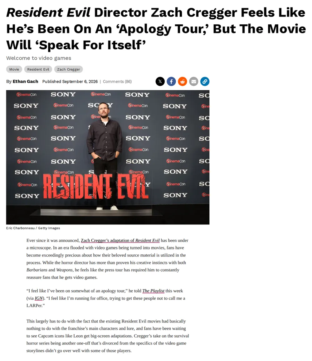 Screenshot of kotaku.com: Cregger Discusses Feeling Like He Is on an Apology Tour