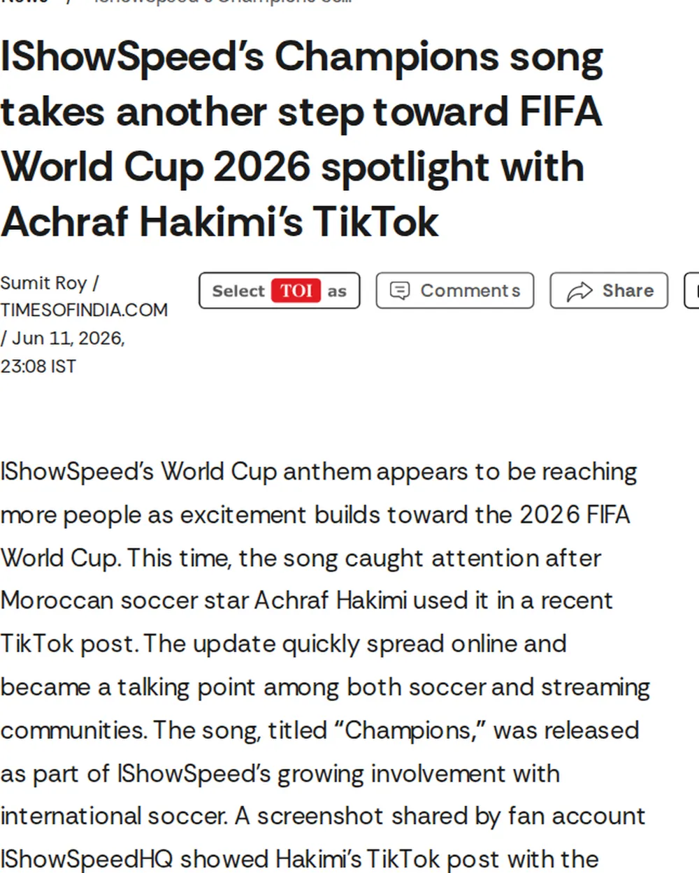 Screenshot of timesofindia.indiatimes.com: "Champions" Song Released Amid Growing Soccer Involvement