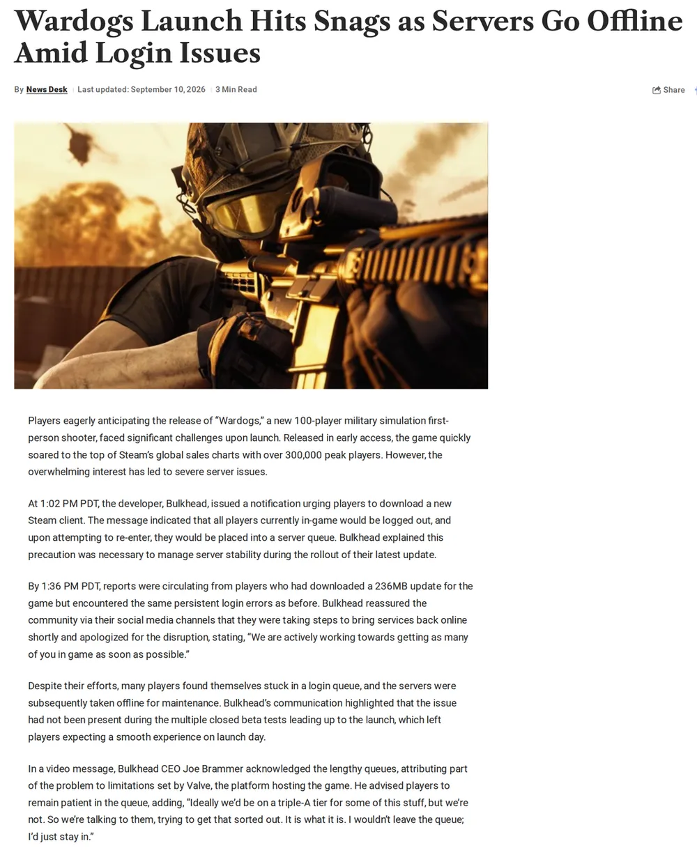 Screenshot of news.ssbcrack.com: Bulkhead CEO Joe Brammer Addresses Server Capacity Limitations