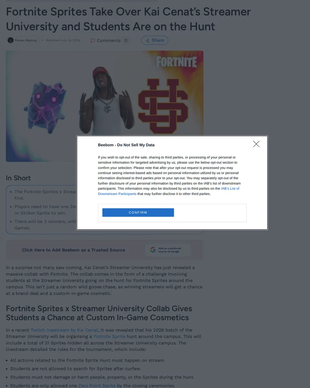 Screenshot of beebom.com: Fortnite Sprite Hunt Announced