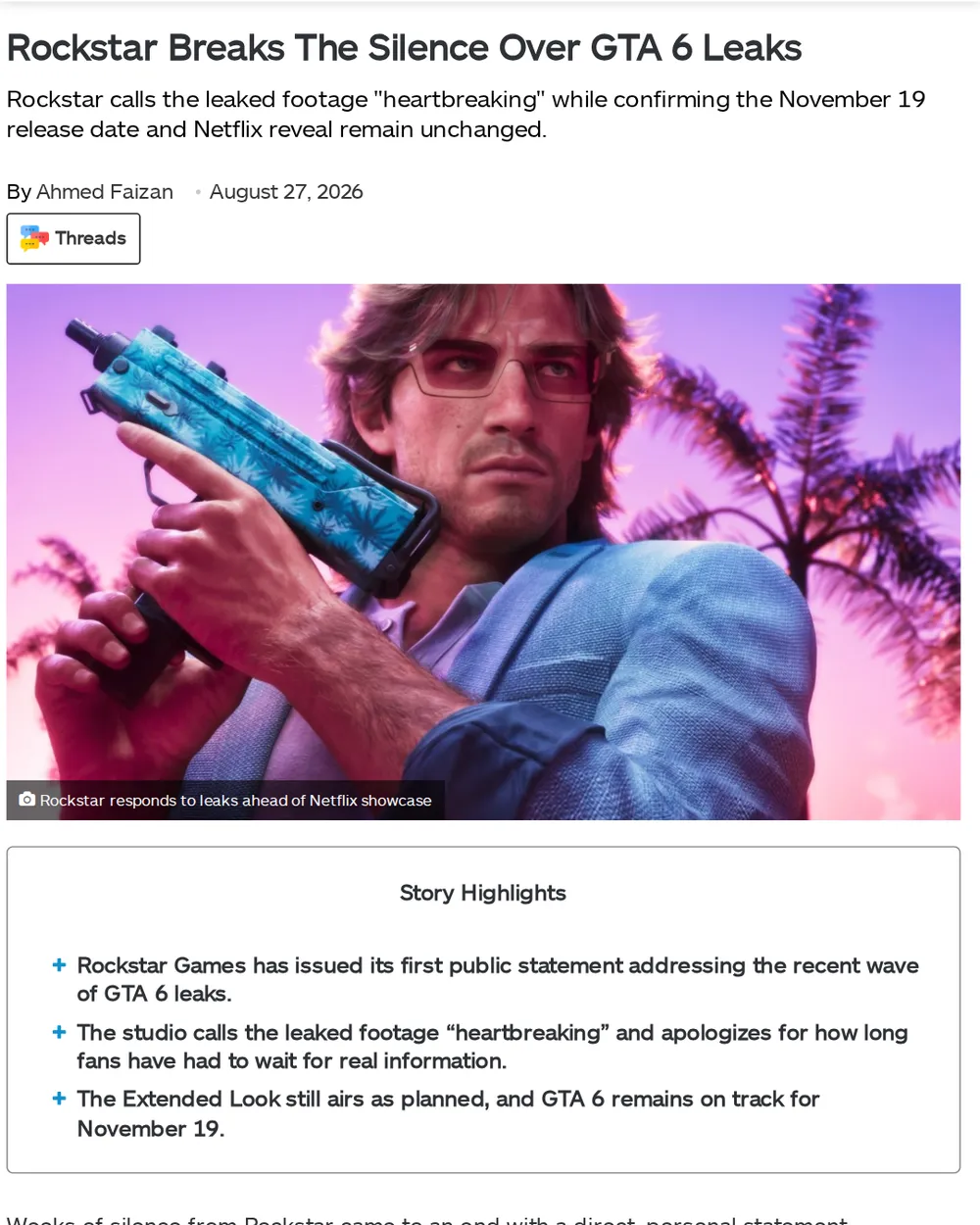 Screenshot of exputer.com: Rockstar Games Issues Public Statement