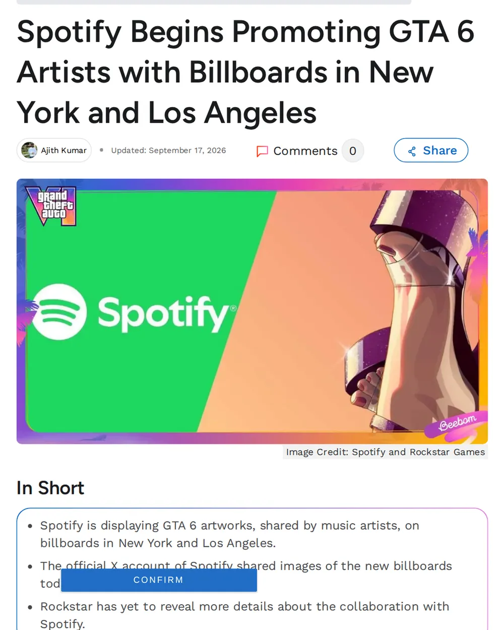 Screenshot of beebom.com: Spotify launched GTA 6 billboard campaign in New York and Los Angeles