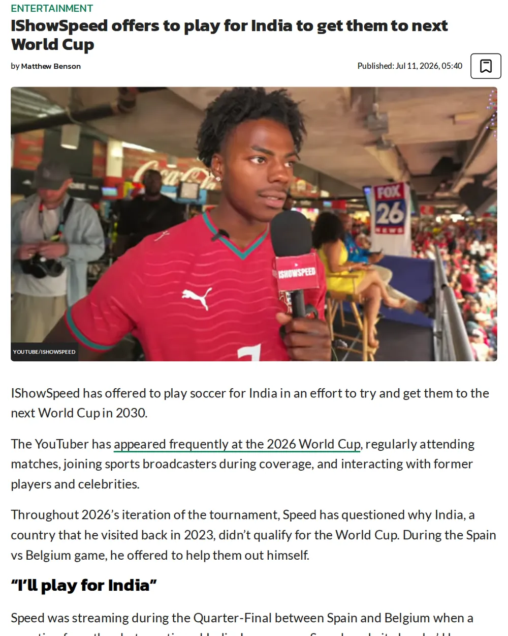 Screenshot of dexerto.com: IShowSpeed's Prominent Presence at 2026 FIFA World Cup