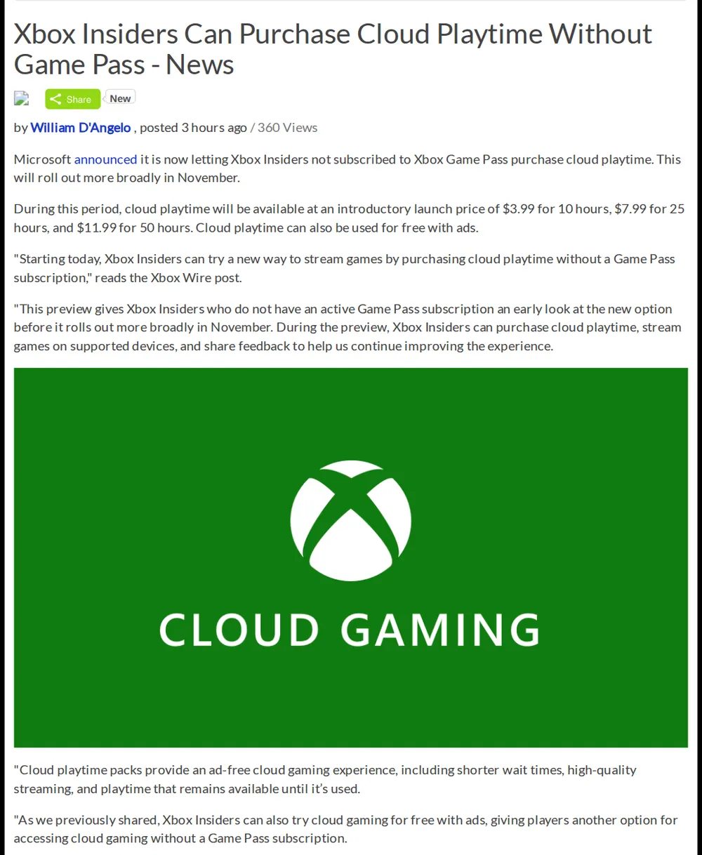 Screenshot of vgchartz.com: Xbox began testing paid cloud playtime packs for Insiders