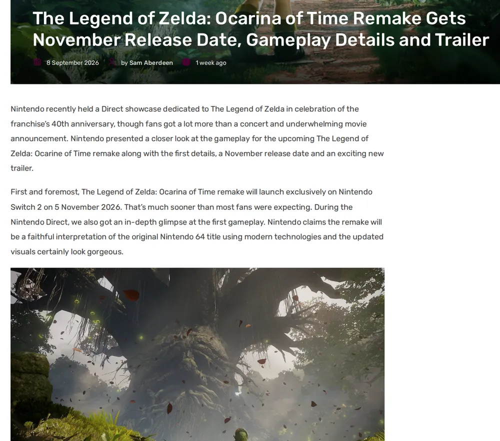 Screenshot of glitched.online: Nintendo Announces Zelda 40th Anniversary Direct Details