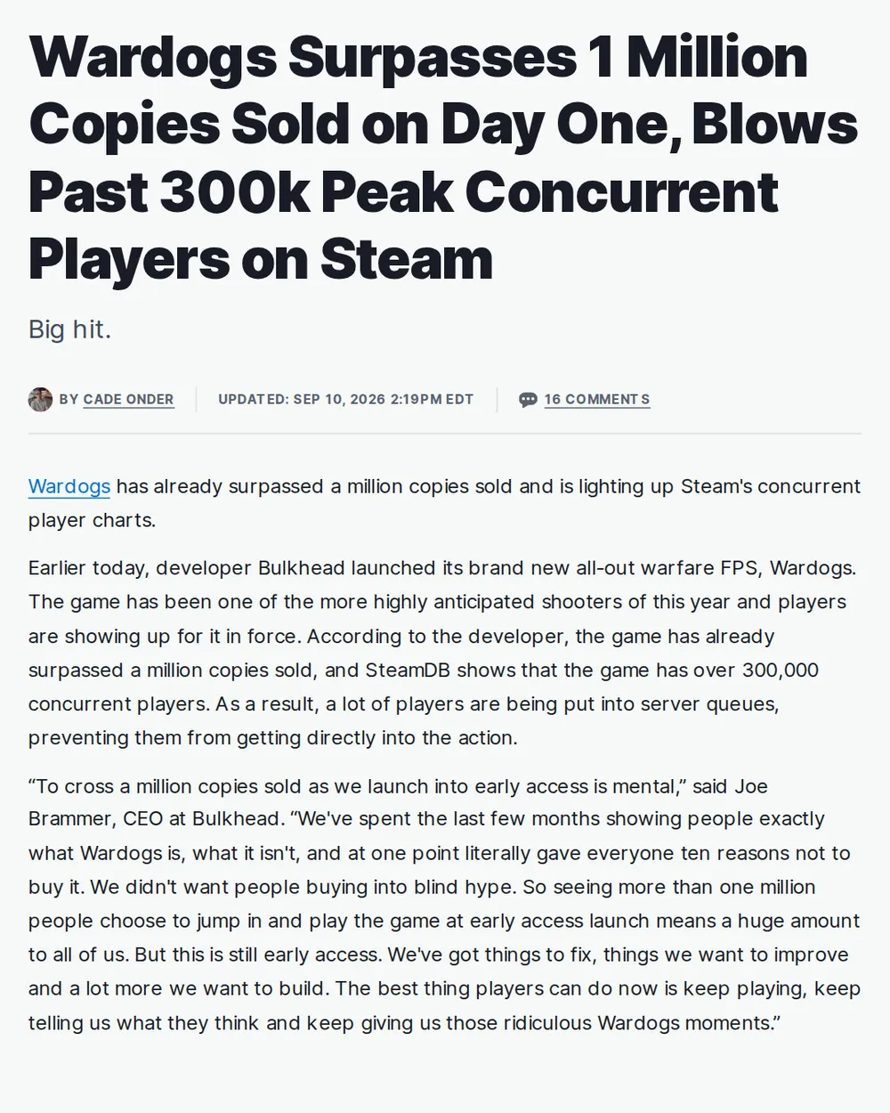 Screenshot of ign.com: Developer Confirms One Million Copies Sold on Day One