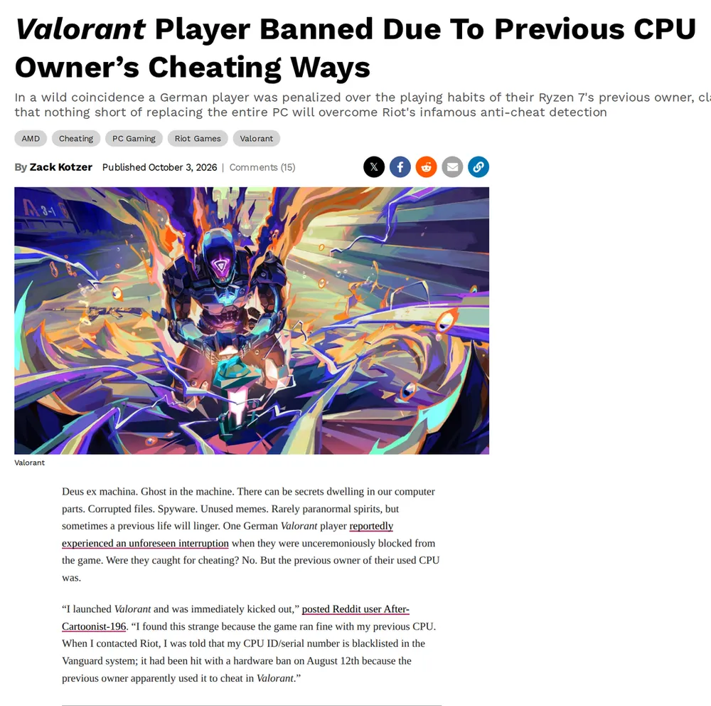 Screenshot of kotaku.com: Previous CPU owner's hardware is blacklisted