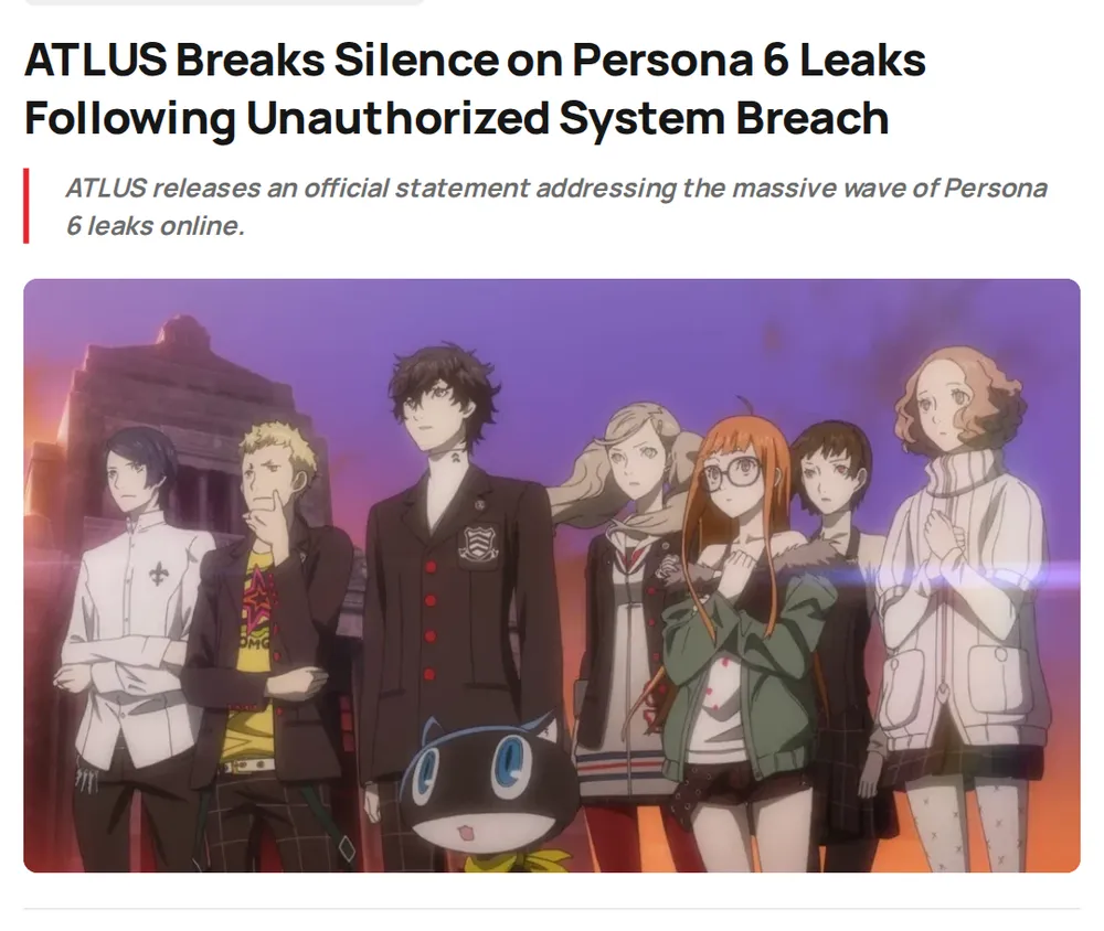 Screenshot of gfinityesports.com: ATLUS Confirms Persona 6 System Breach
