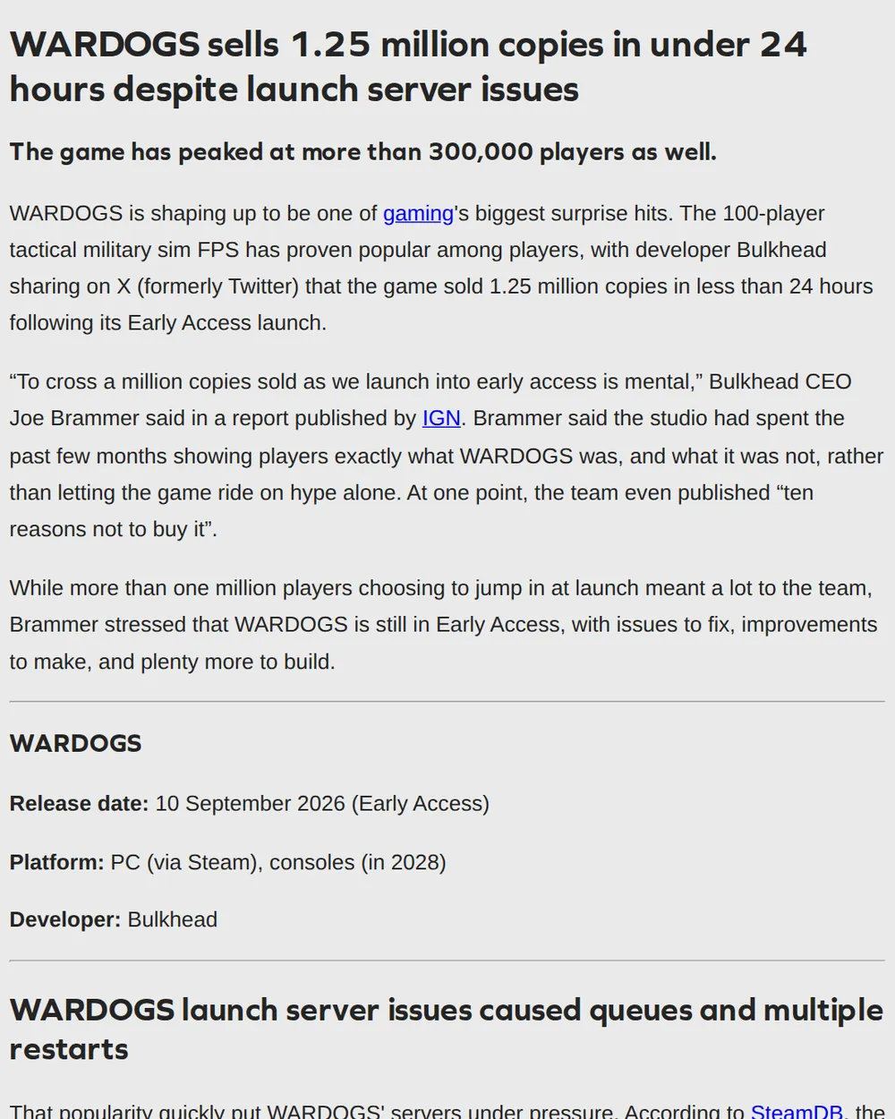 Screenshot of gosugamers.net: Wardogs Sells 1.25 Million Copies in Under 24 Hours
