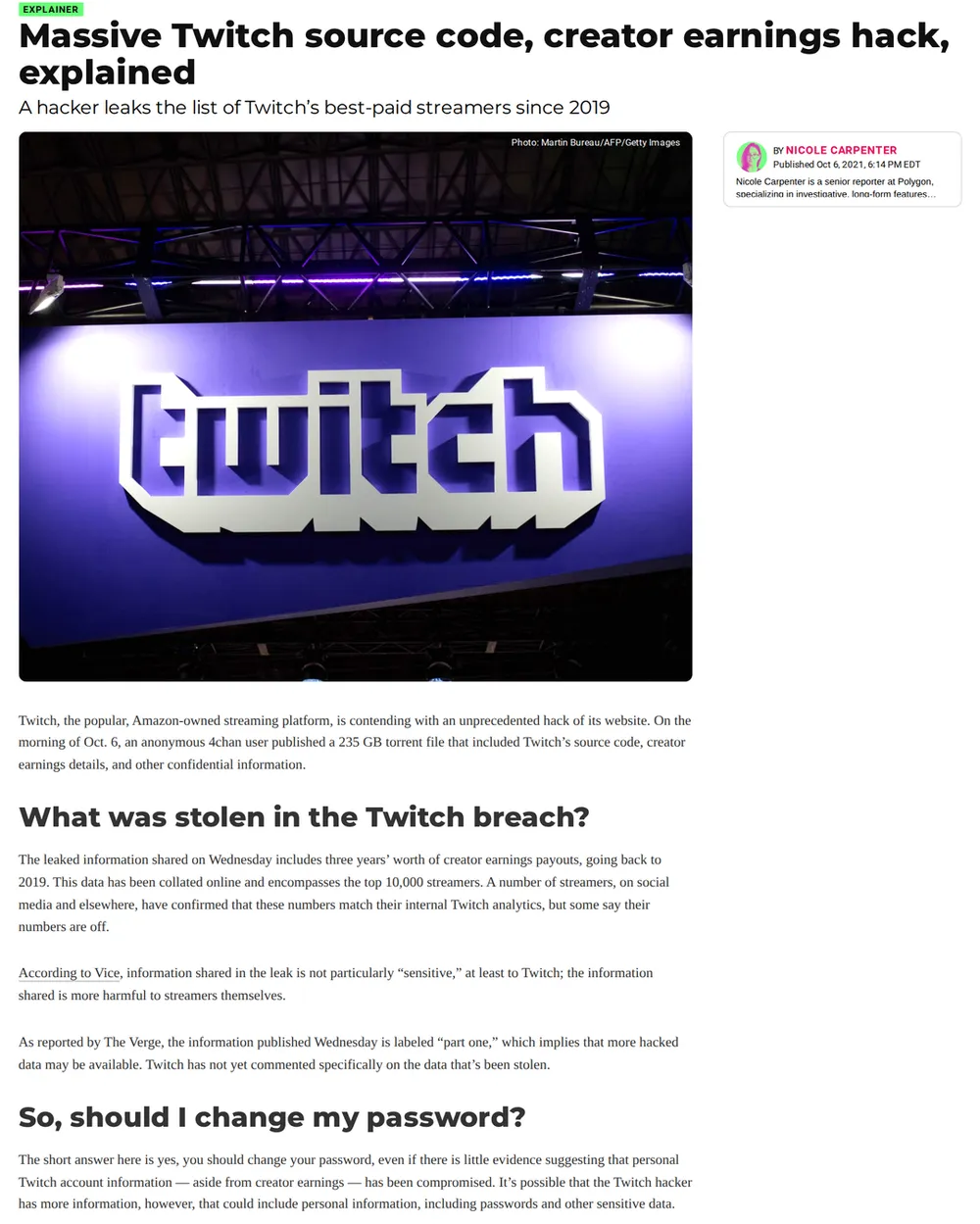 Screenshot of polygon.com: 235GB torrent of Twitch data leaked on 4chan