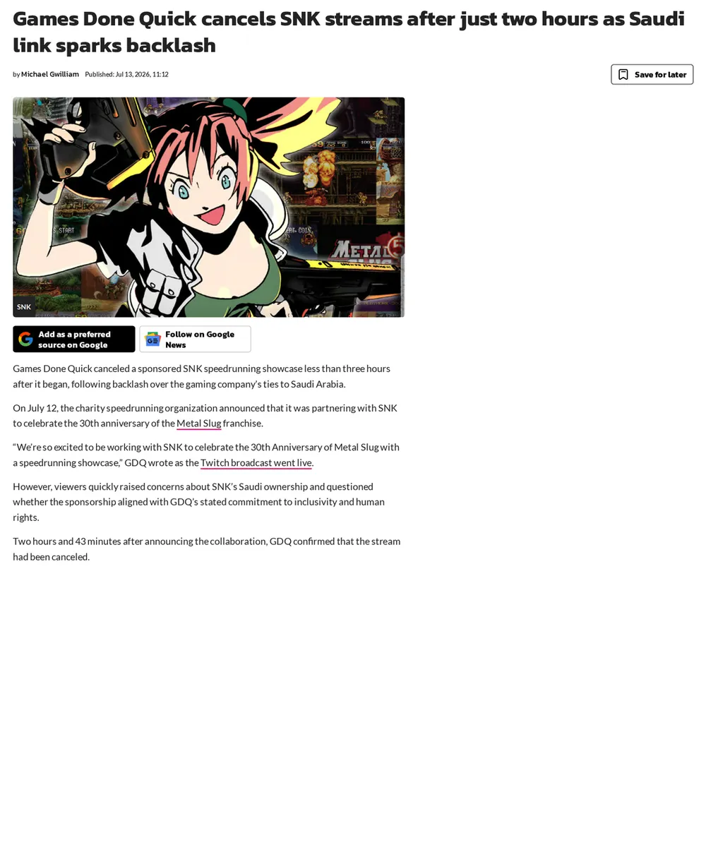 Screenshot of dexerto.com: Games Done Quick Cancels Sponsored Stream with SNK