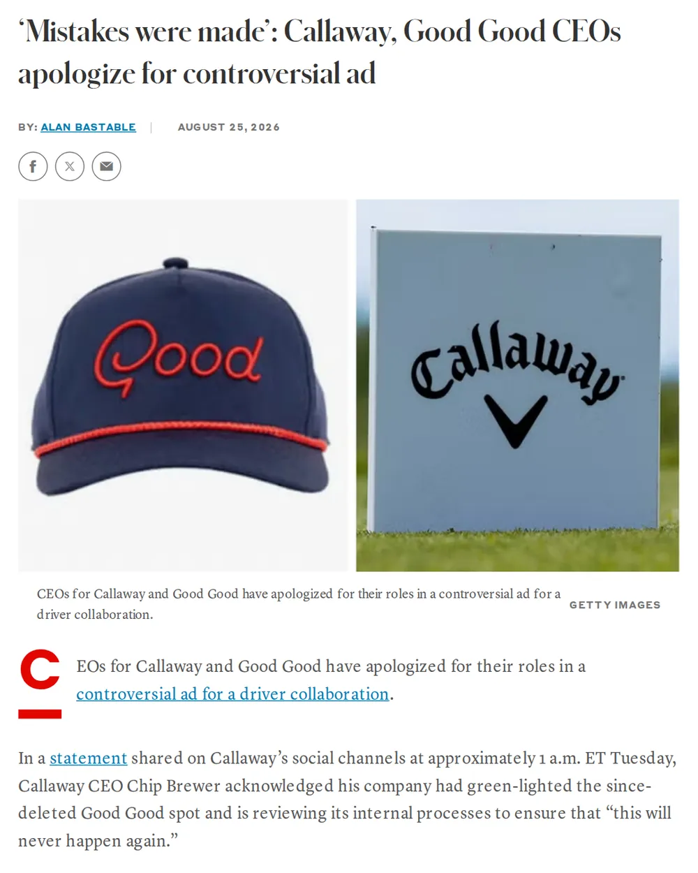 Screenshot of golf.com: Callaway CEO Chip Brewer Apologizes for Green‑Lighting Ad