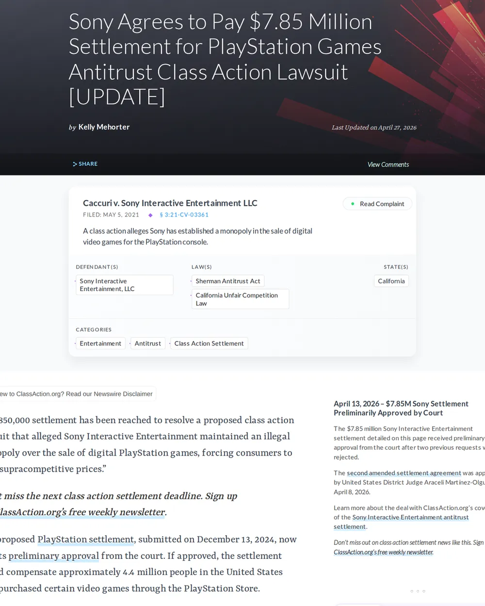 Screenshot of classaction.org: Proposed PlayStation Settlement Submitted