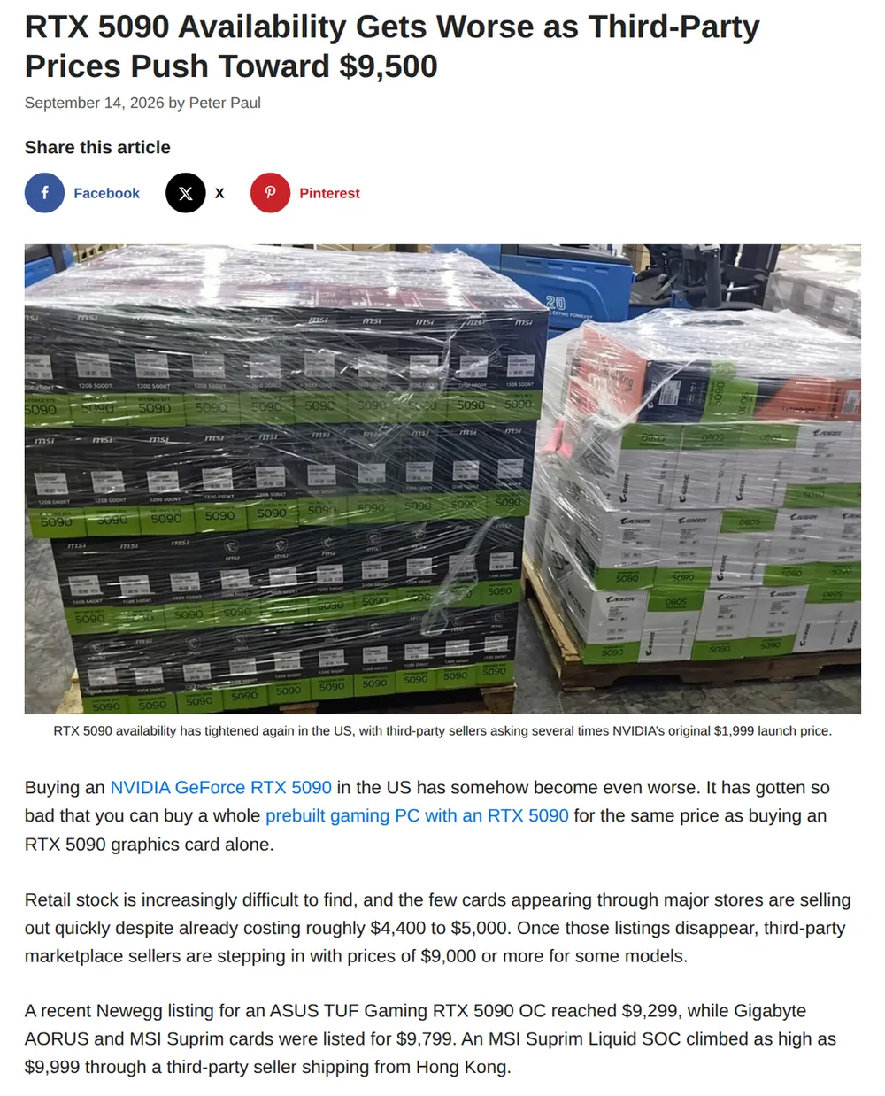 Screenshot of thepcenthusiast.com: Newegg Lists RTX 5090 Models