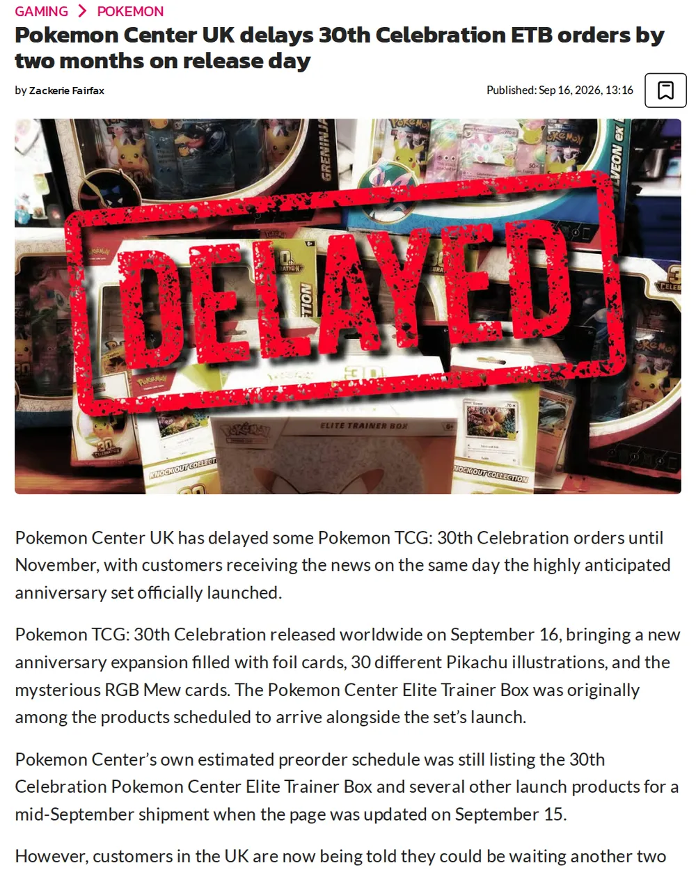 Screenshot of dexerto.com: Pokemon Center UK Delays Orders to November