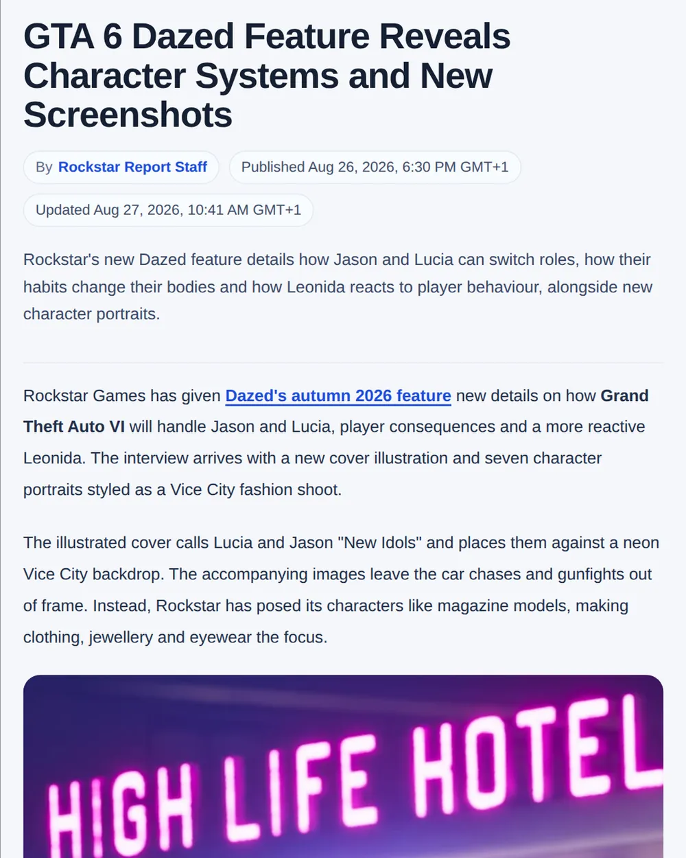 Screenshot of rockstarreport.com: Rockstar Report revealed Dazed cover art details for GTA VI Jason and Lucia
