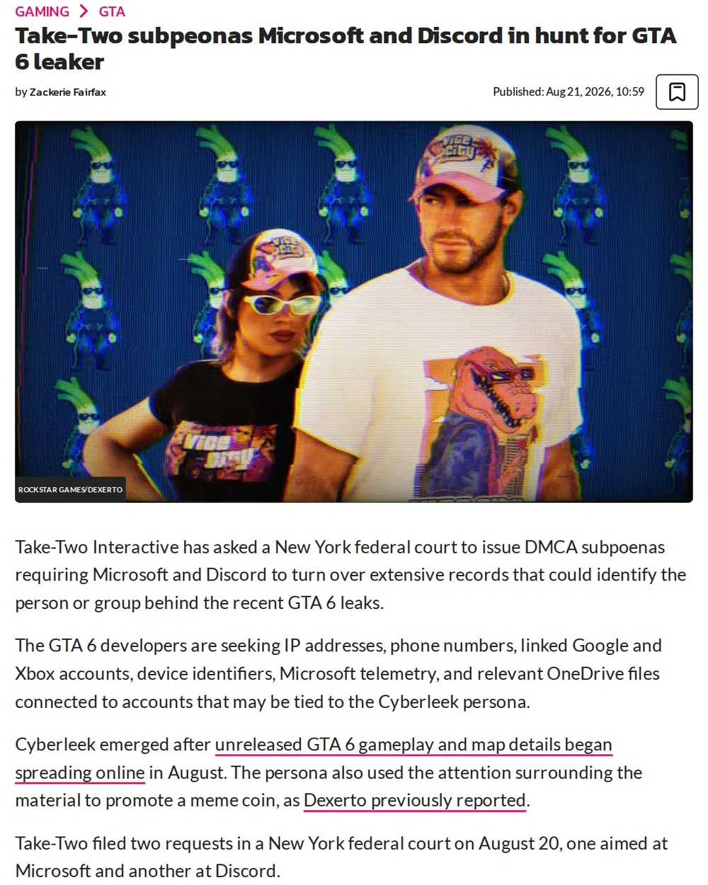 Screenshot of dexerto.com: Take-Two Files DMCA Subpoena Requests