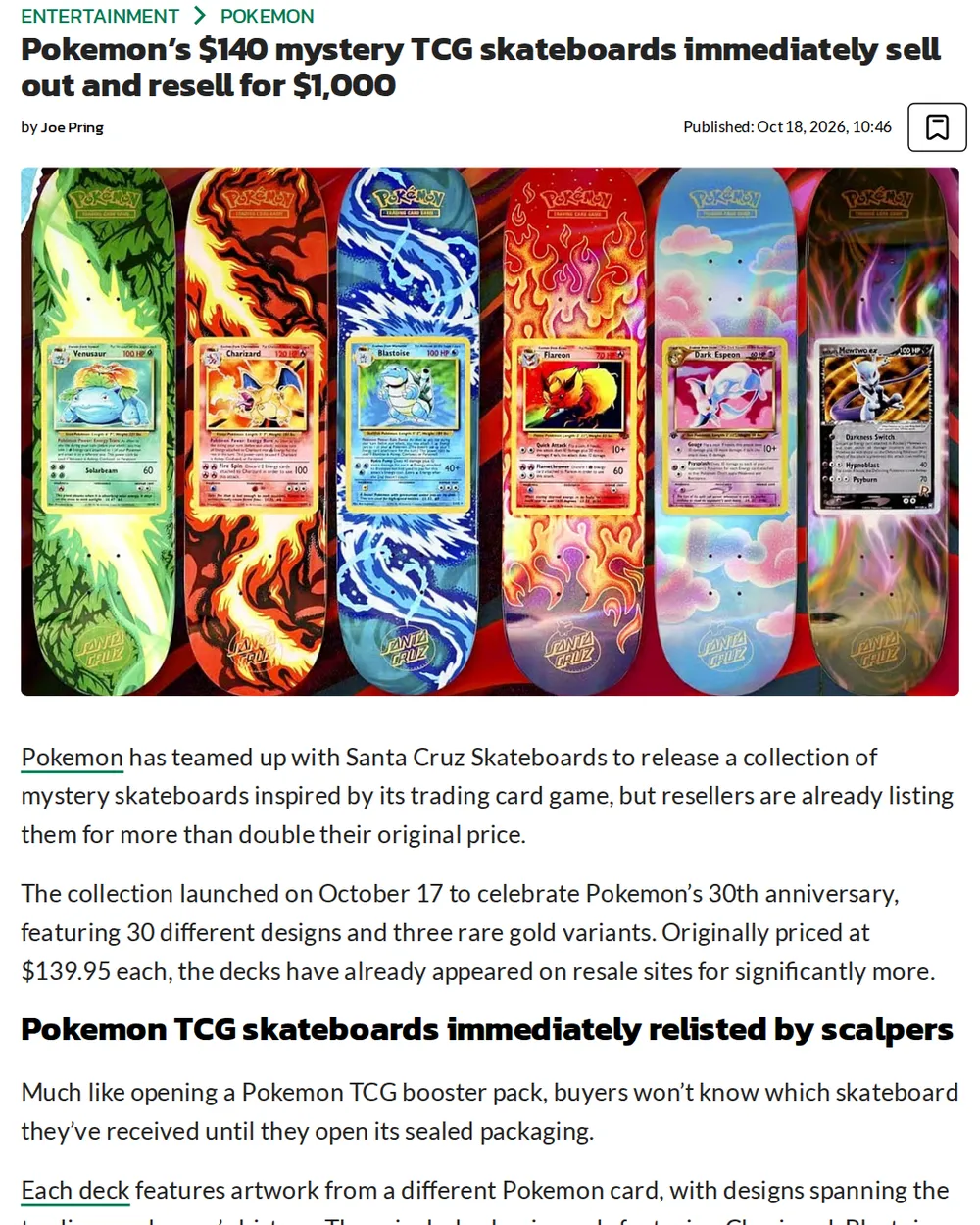 Screenshot of dexerto.com: Launch of Pokemon TCG Skateboard Collection
