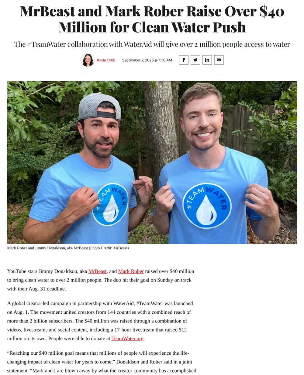 Screenshot of thewrap.com: #TeamWater hits $40 million goal