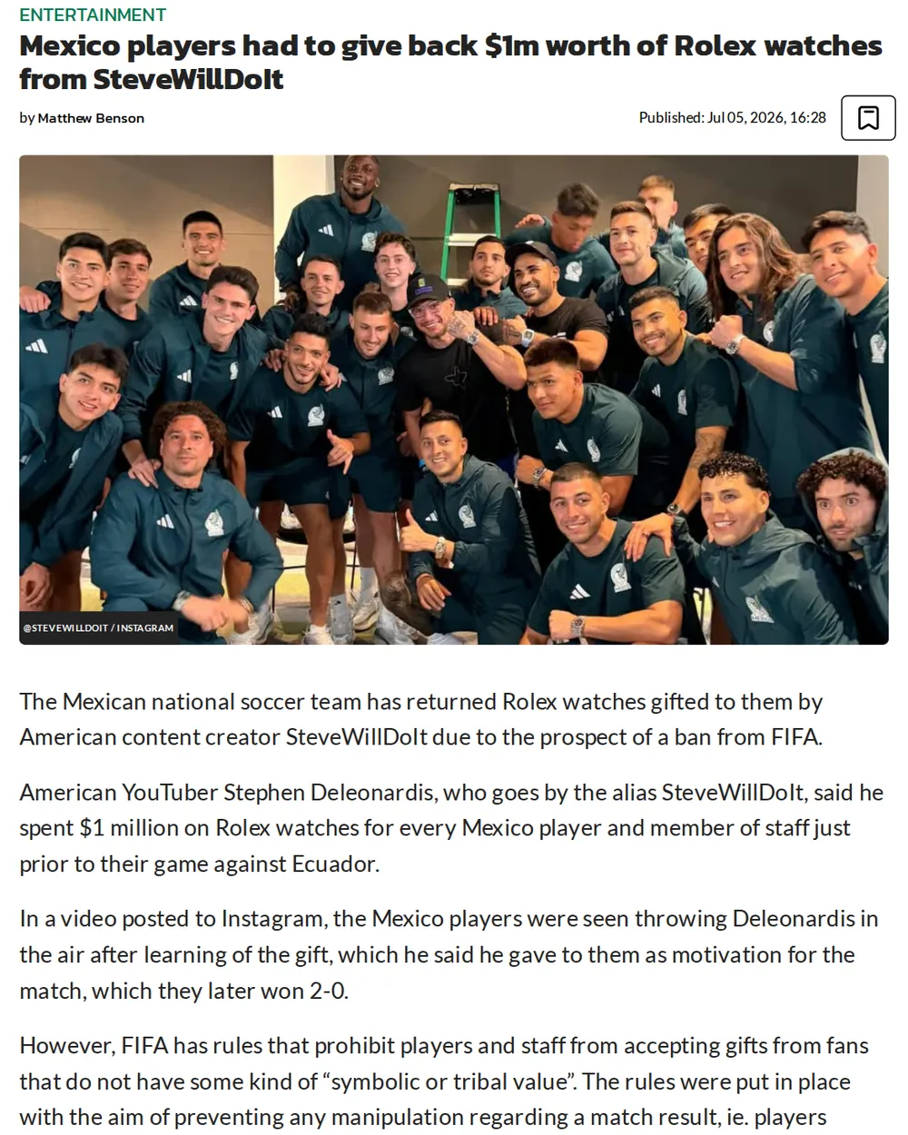 Screenshot of dexerto.com: SteveWillDoIt Gifts Rolex Watches to Mexico Team