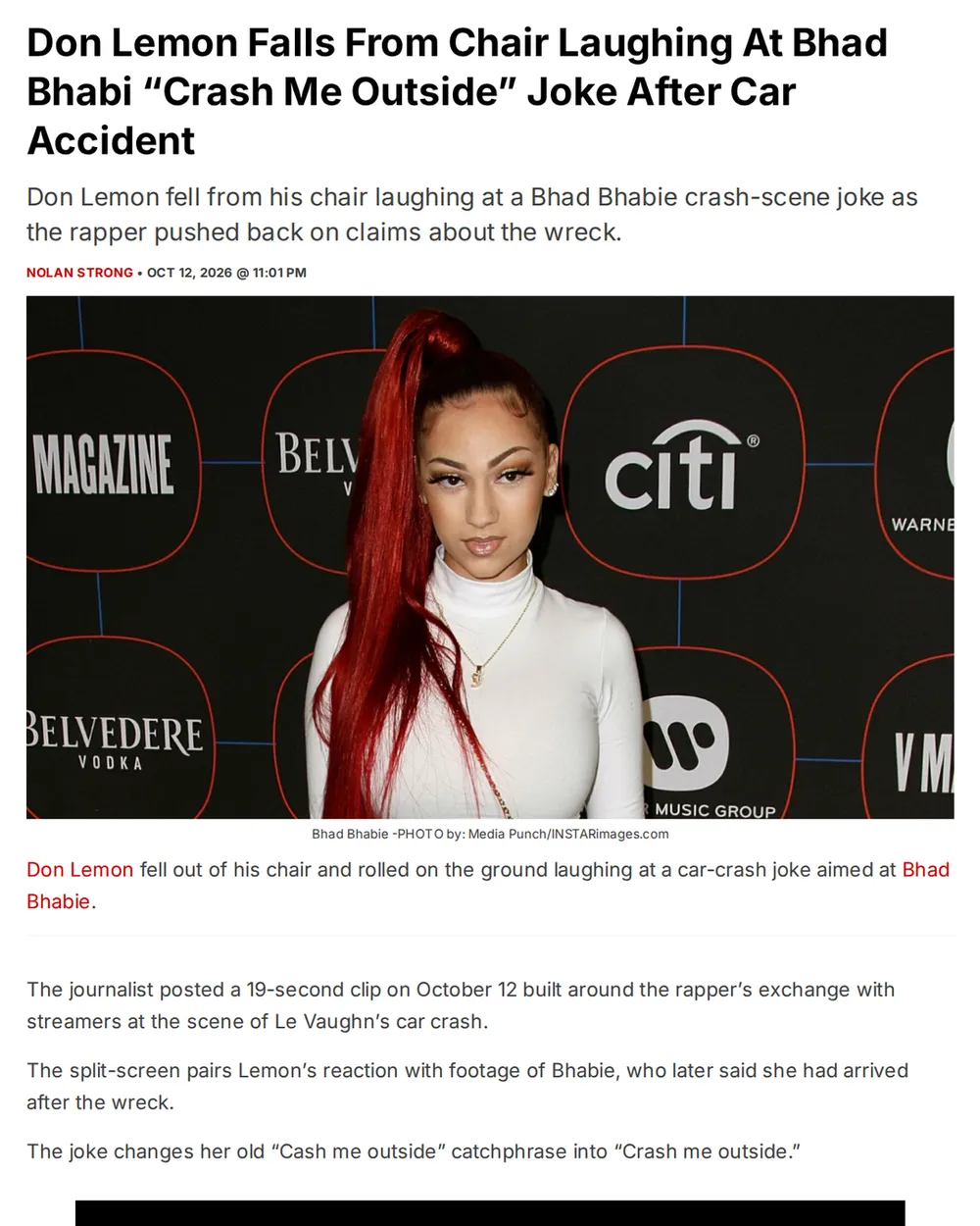 Screenshot of allhiphop.com: Bhad Bhabie posted account of arrival after wreck, denies being in car