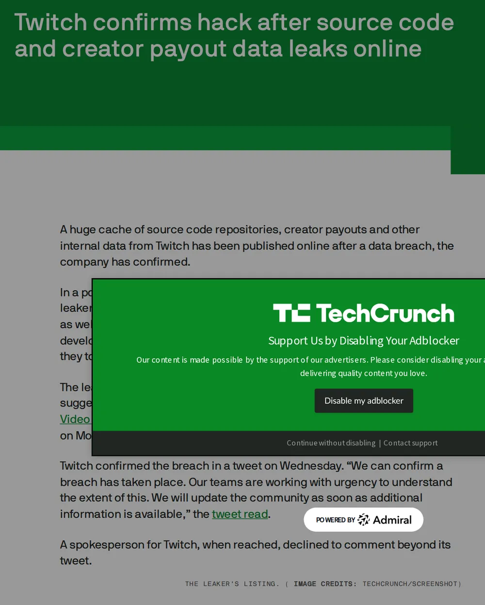 Screenshot of techcrunch.com: Leaker posts Twitch internal data