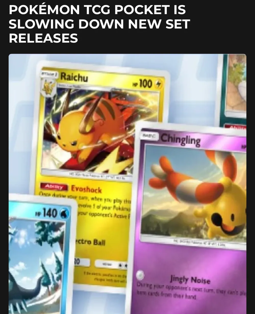 Screenshot of insider-gaming.com: Pokémon TCG Pocket announced slower booster pack releases and new features