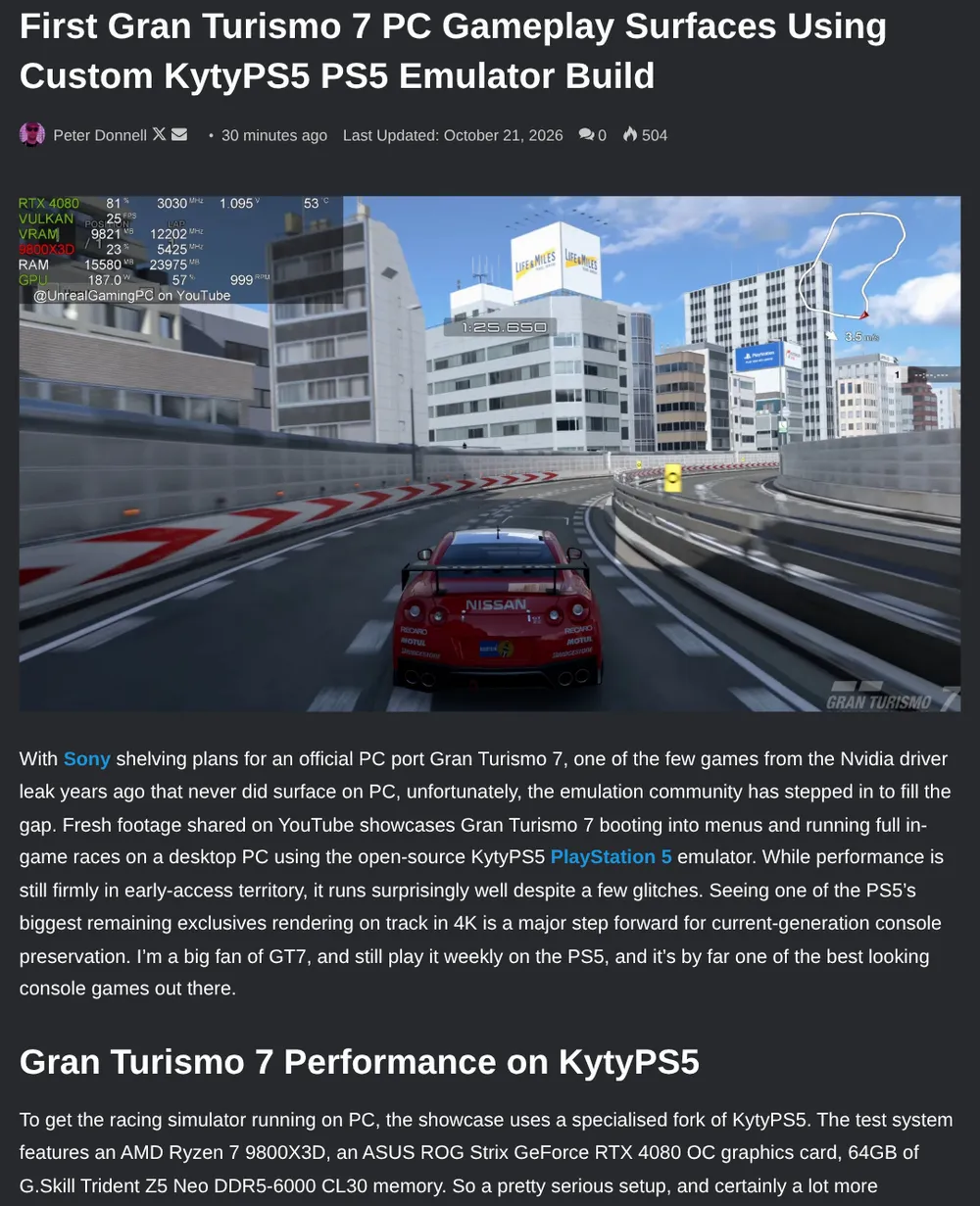 Screenshot of eteknix.com: eTeknix reports first GT7 PC gameplay using KytyPS5