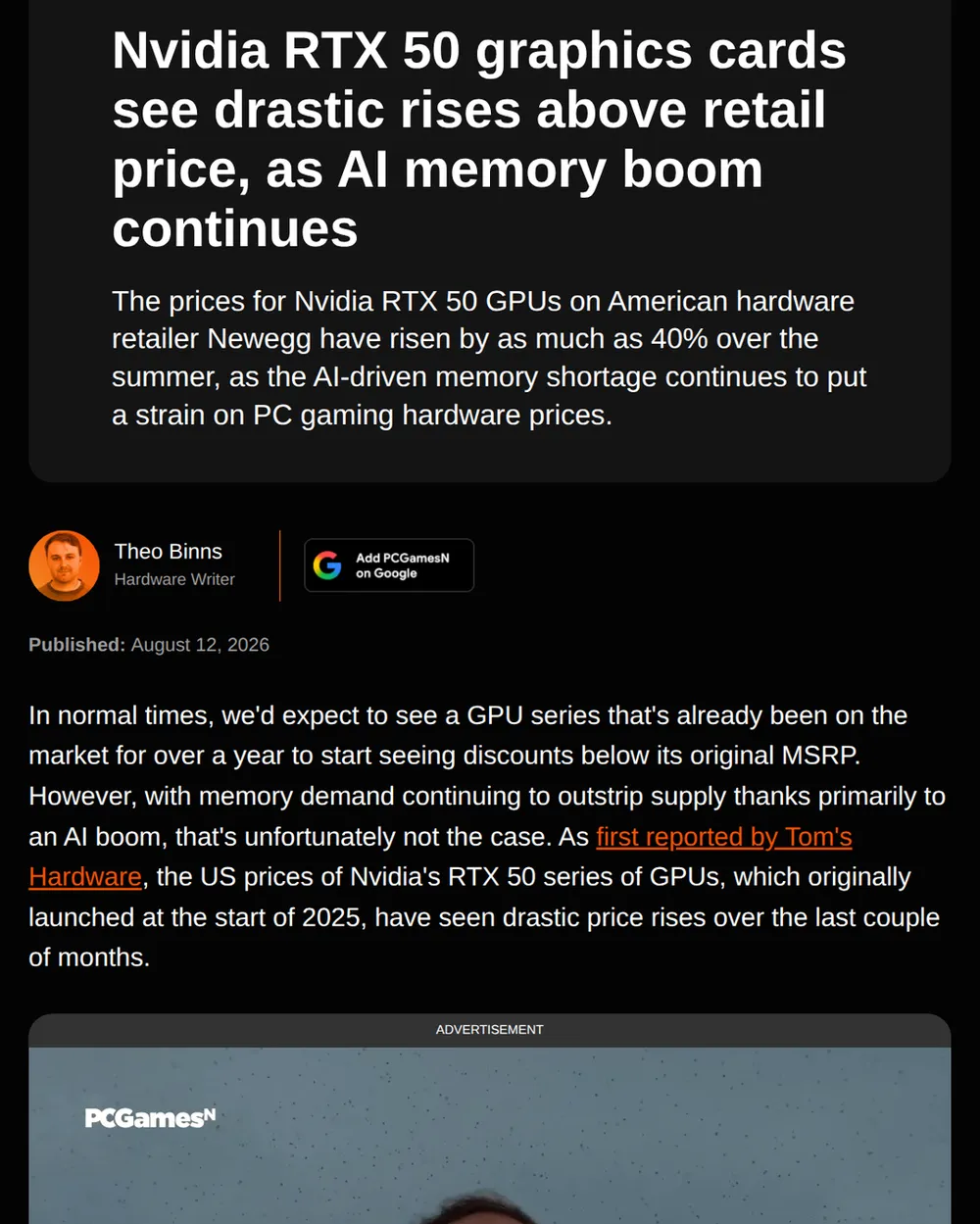 Screenshot of pcgamesn.com: Tom's Hardware Publishes August Price Surge Report