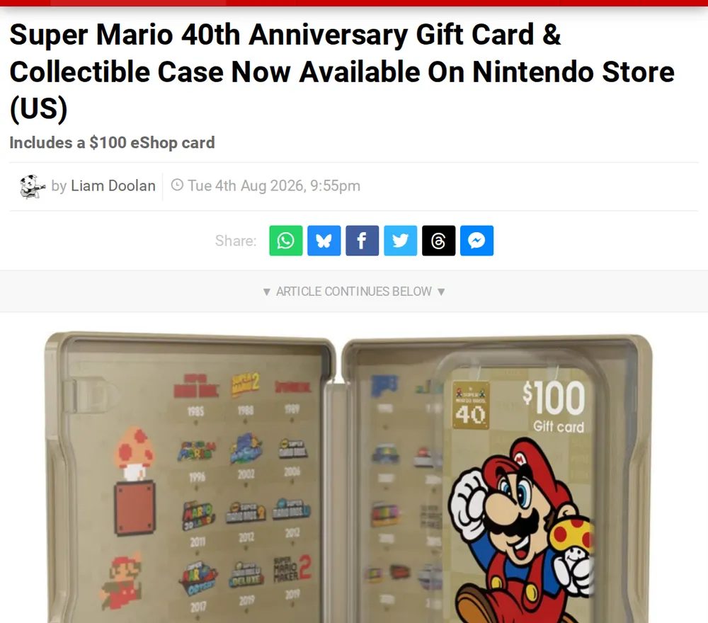 Screenshot of nintendolife.com: Super Mario 40th Anniversary eShop Card Released