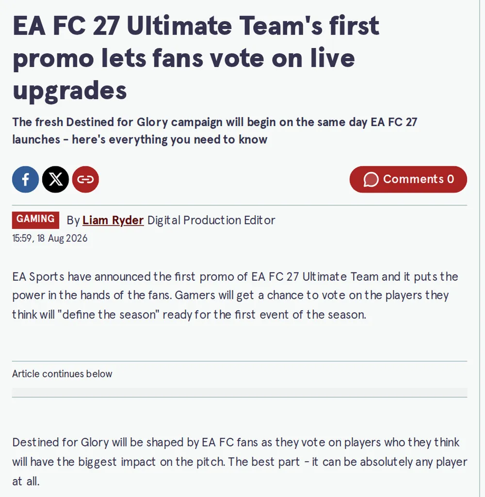 Screenshot of mirror.co.uk: EA Sports Reveals First Destined for Glory Promo