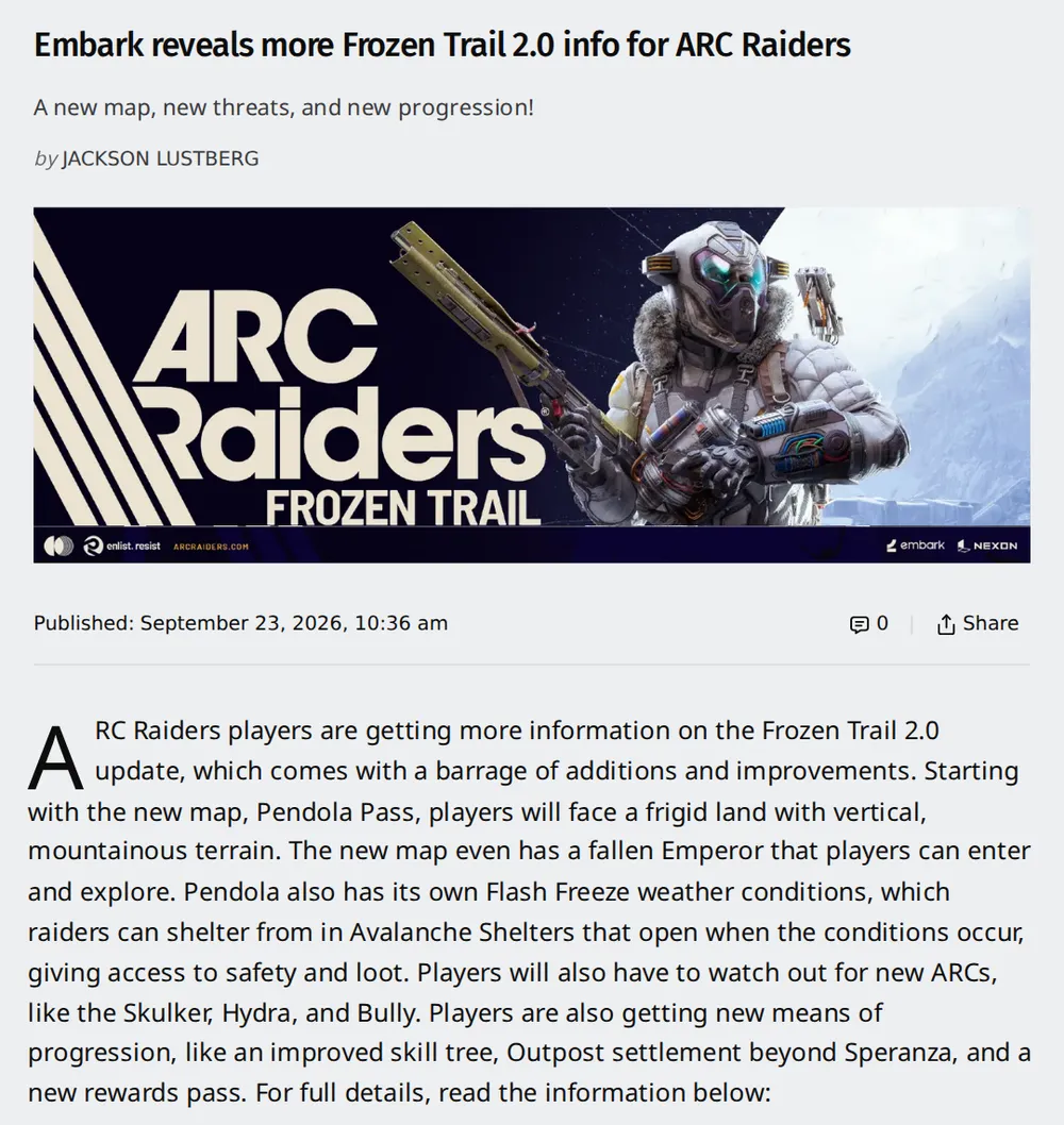 Screenshot of gamingtrend.com: Embark Shares Details on Frozen Trail 2.0 Features