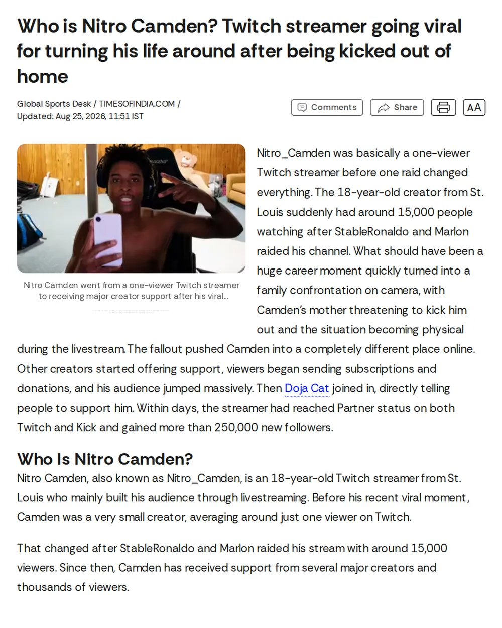 Screenshot of timesofindia.indiatimes.com: Camden Reaches Partner Status on Twitch and Kick