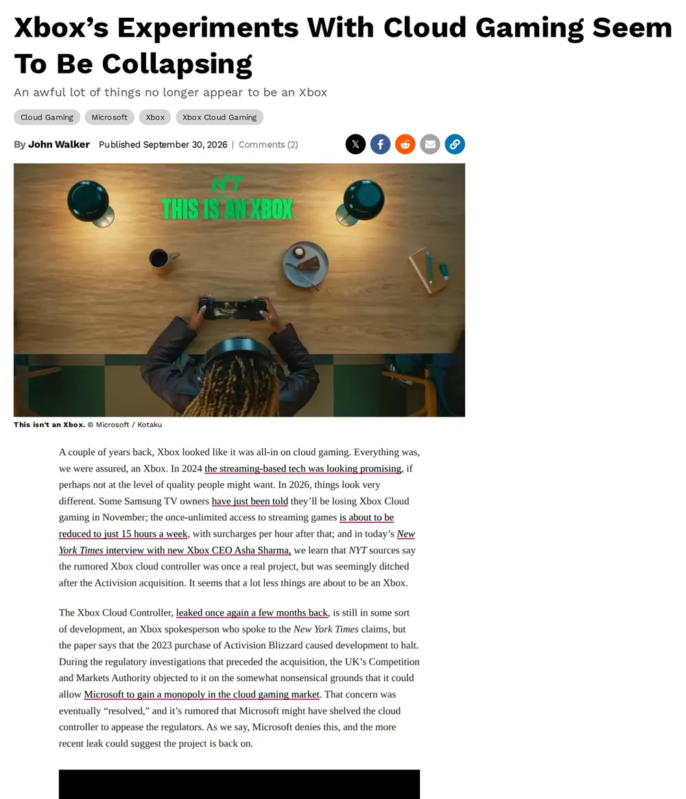 Screenshot of kotaku.com: Windows Central reported Samsung TV owners losing Xbox app access