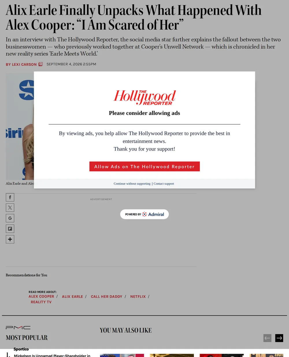 Screenshot of hollywoodreporter.com: Alix Earle's reality series 'Earle Meets World' premieres on Netflix