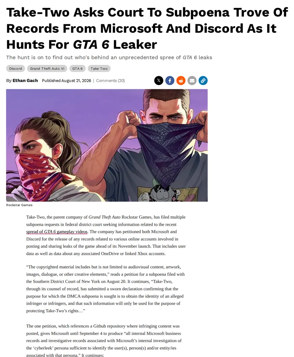 Screenshot of kotaku.com: Take-Two Files Subpoena Requests