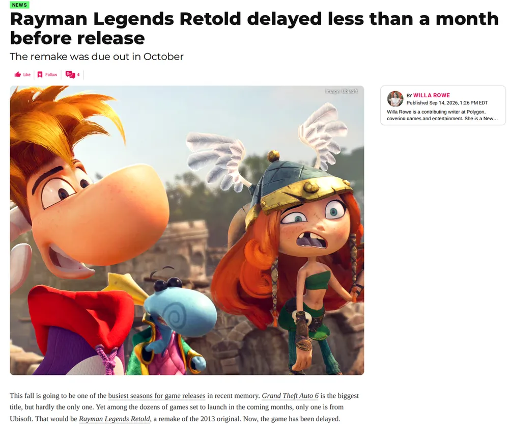 Screenshot of polygon.com: Ubisoft Announces Delay to December 3
