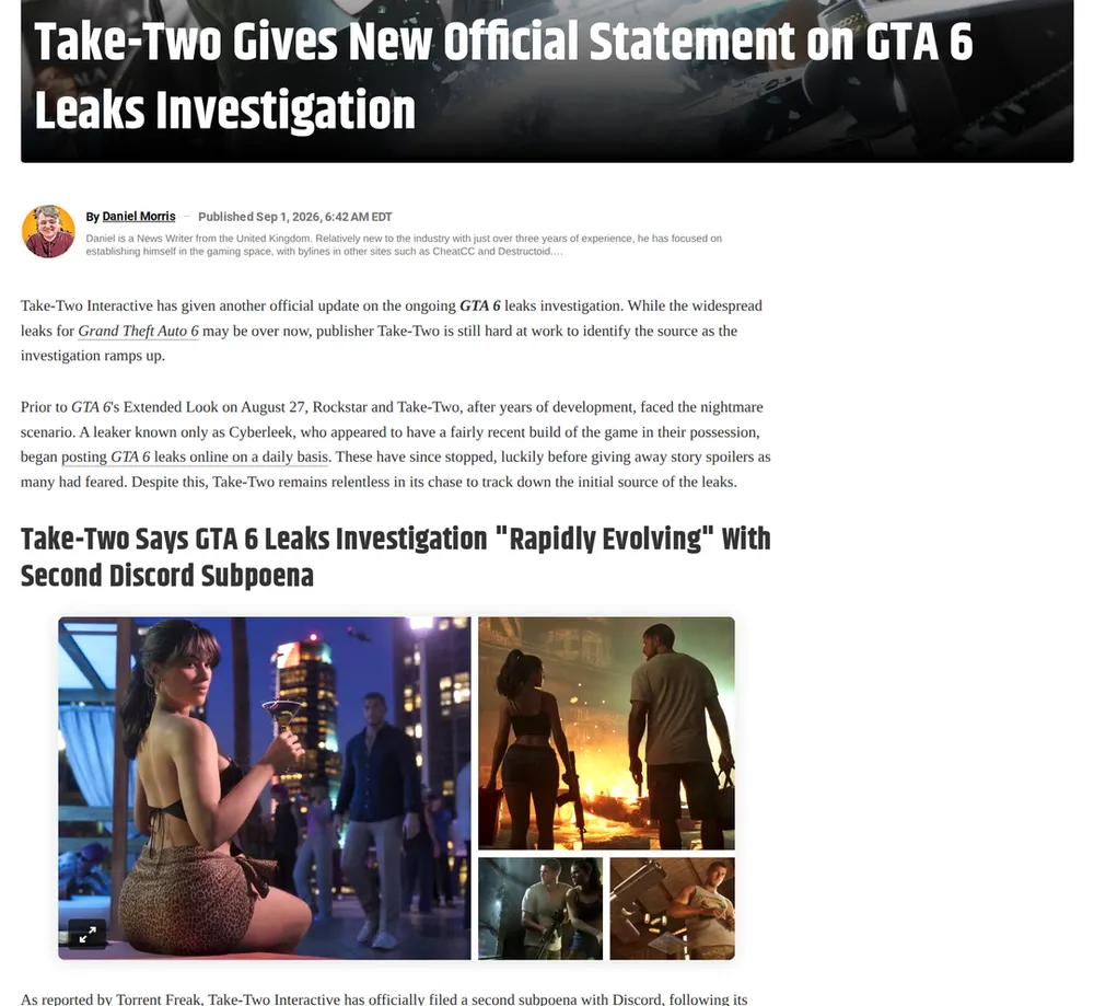 Screenshot of gamerant.com: Take‑Two files second subpoena with Discord
