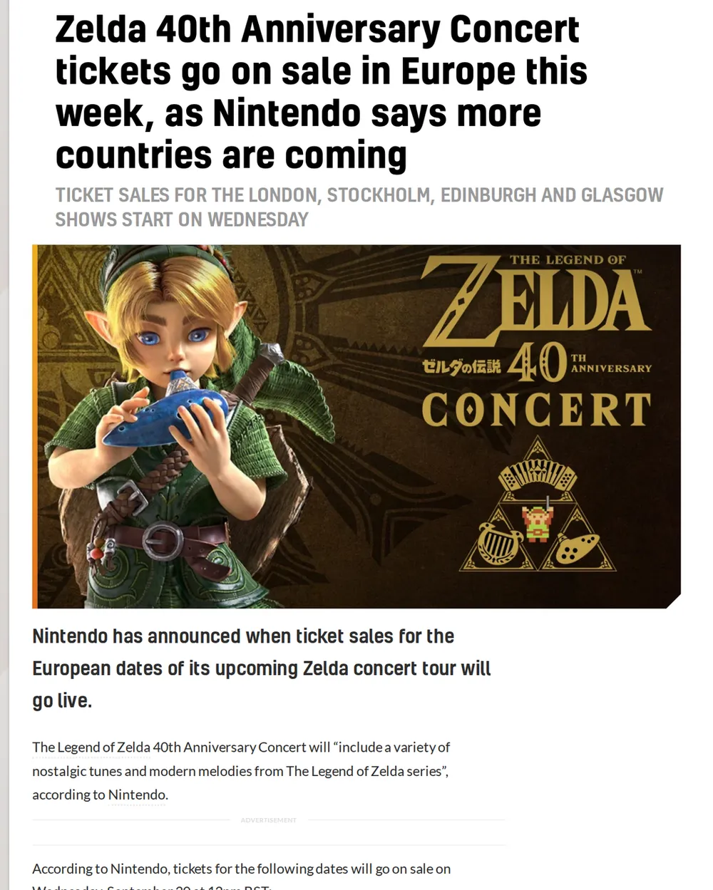 Screenshot of videogameschronicle.com: Nintendo confirmed additional European countries