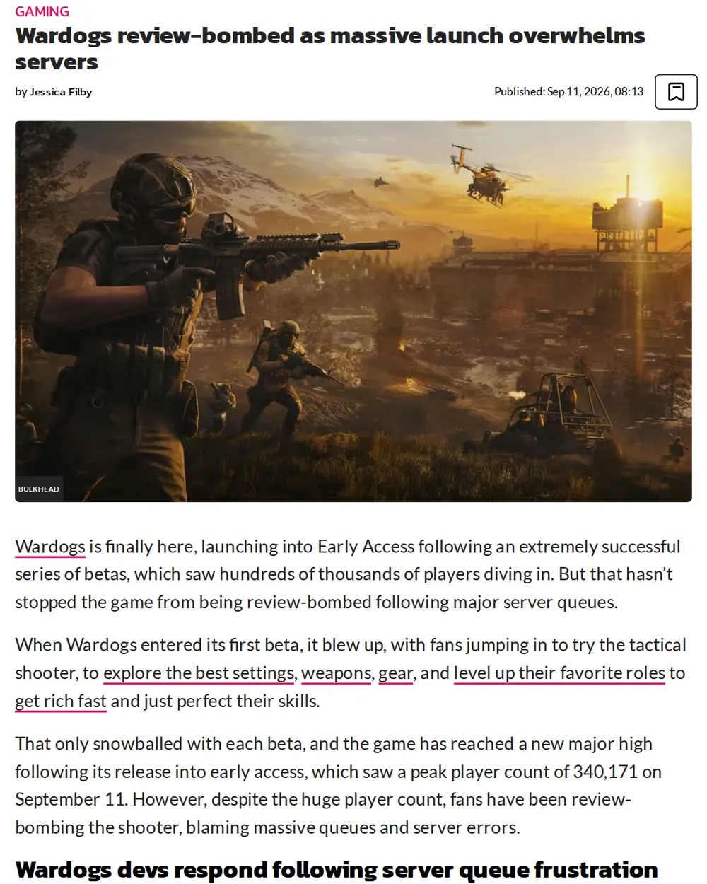 Screenshot of dexerto.com: Wardogs Review-Bombed Over Server Queues