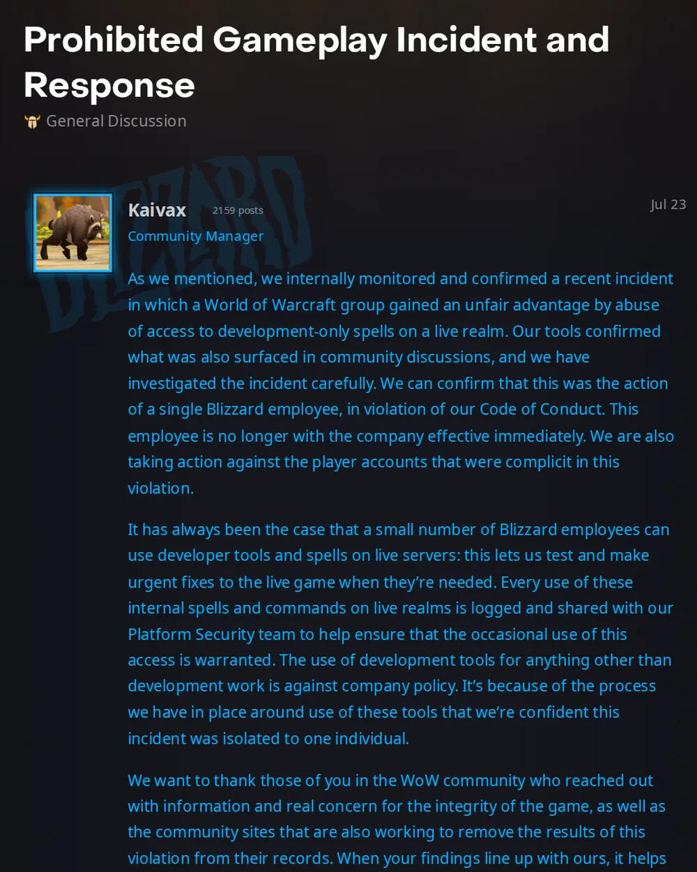 Screenshot of Blizzard Entertainment: Blizzard Response