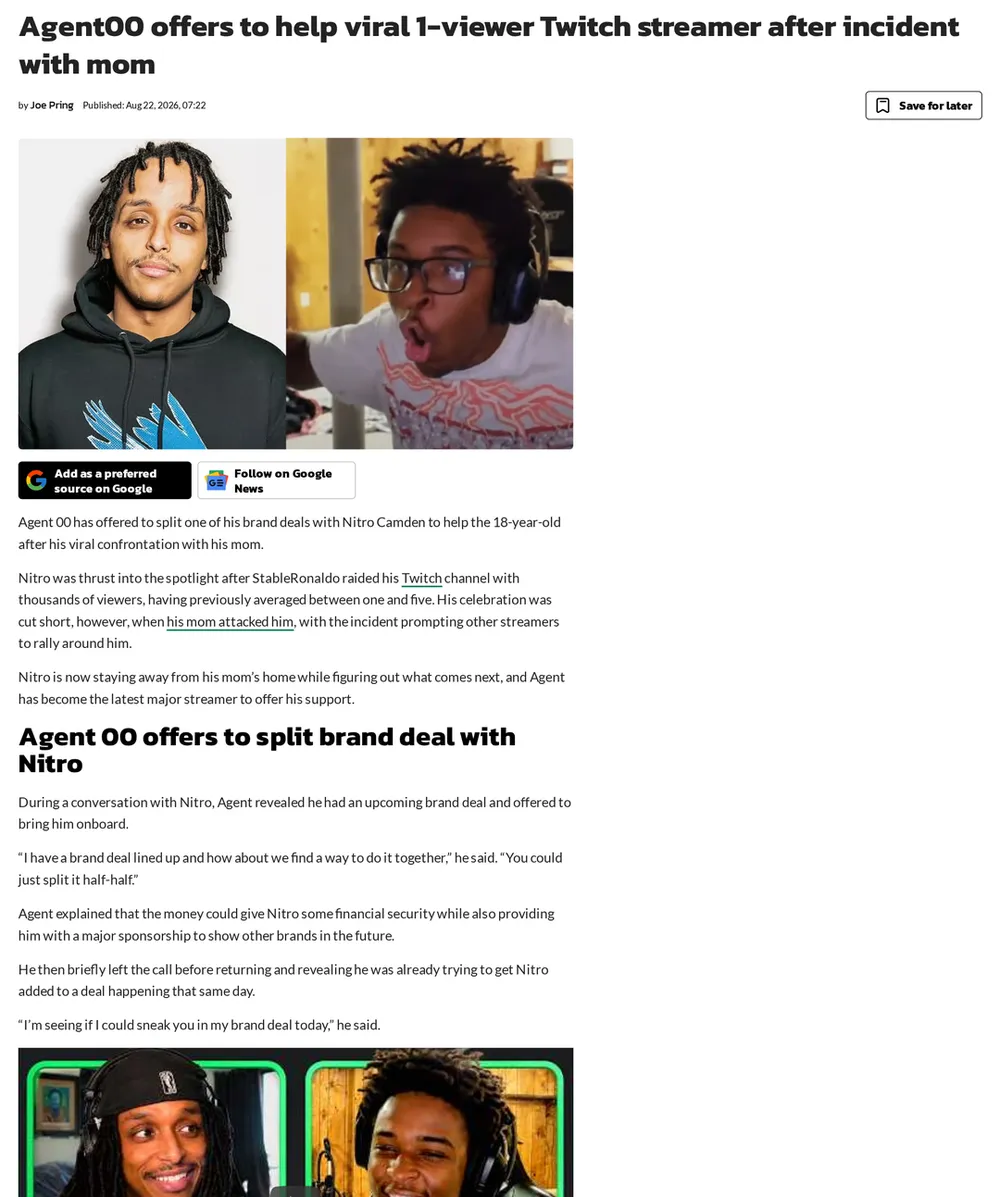 Screenshot of dexerto.com: Agent00 Offers Brand Deal Split